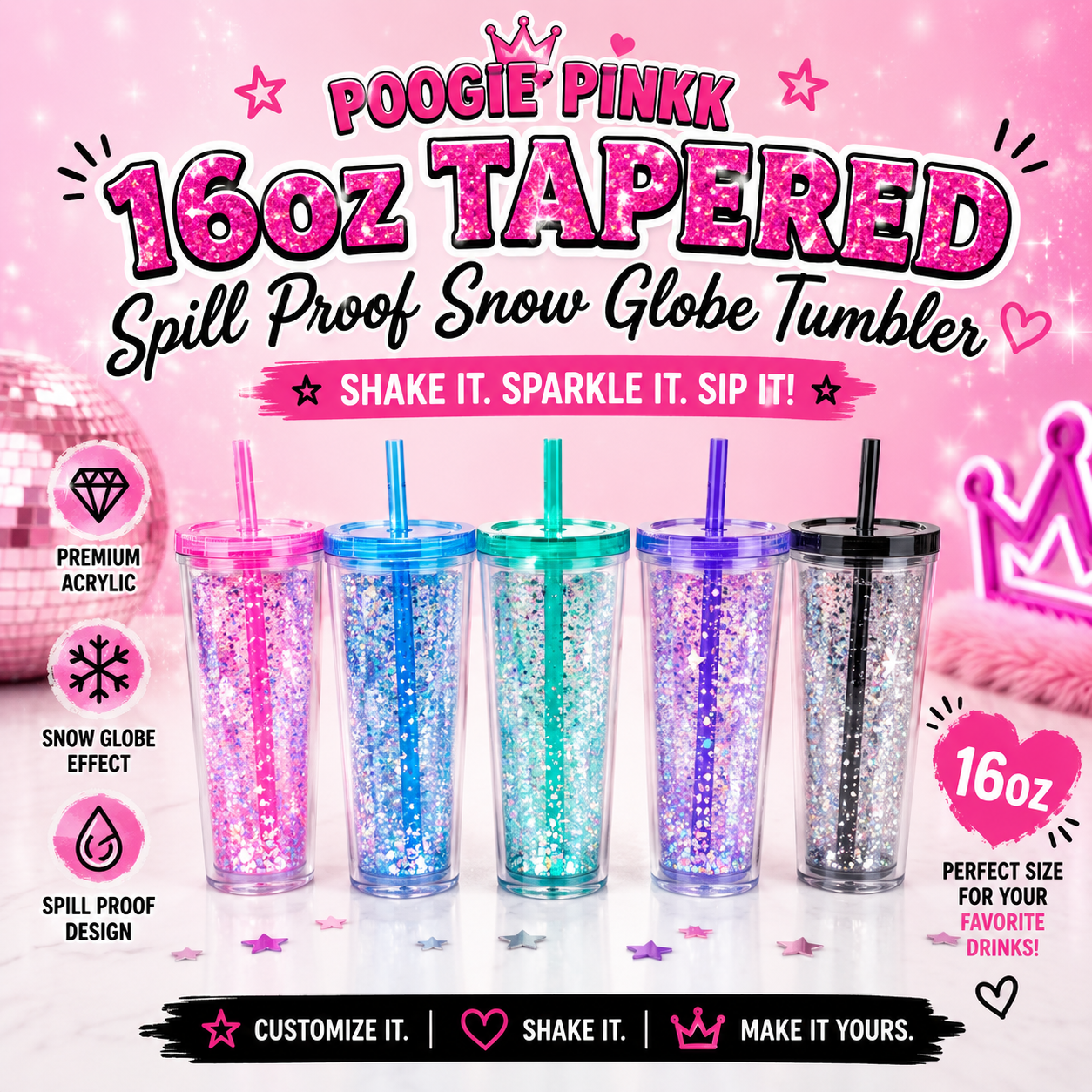 16oz TAPERED SPILL PROOF SNOW GLOBE TUMBLER