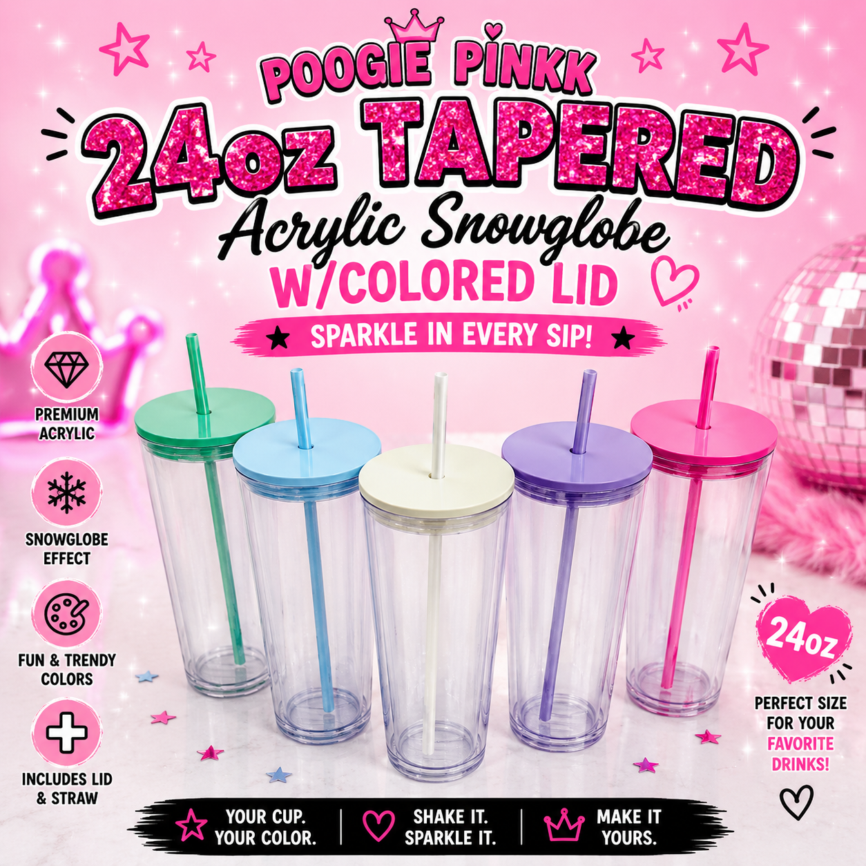 24oz TAPERED ACRYLIC SNOWGLOBE W/COLORED LID