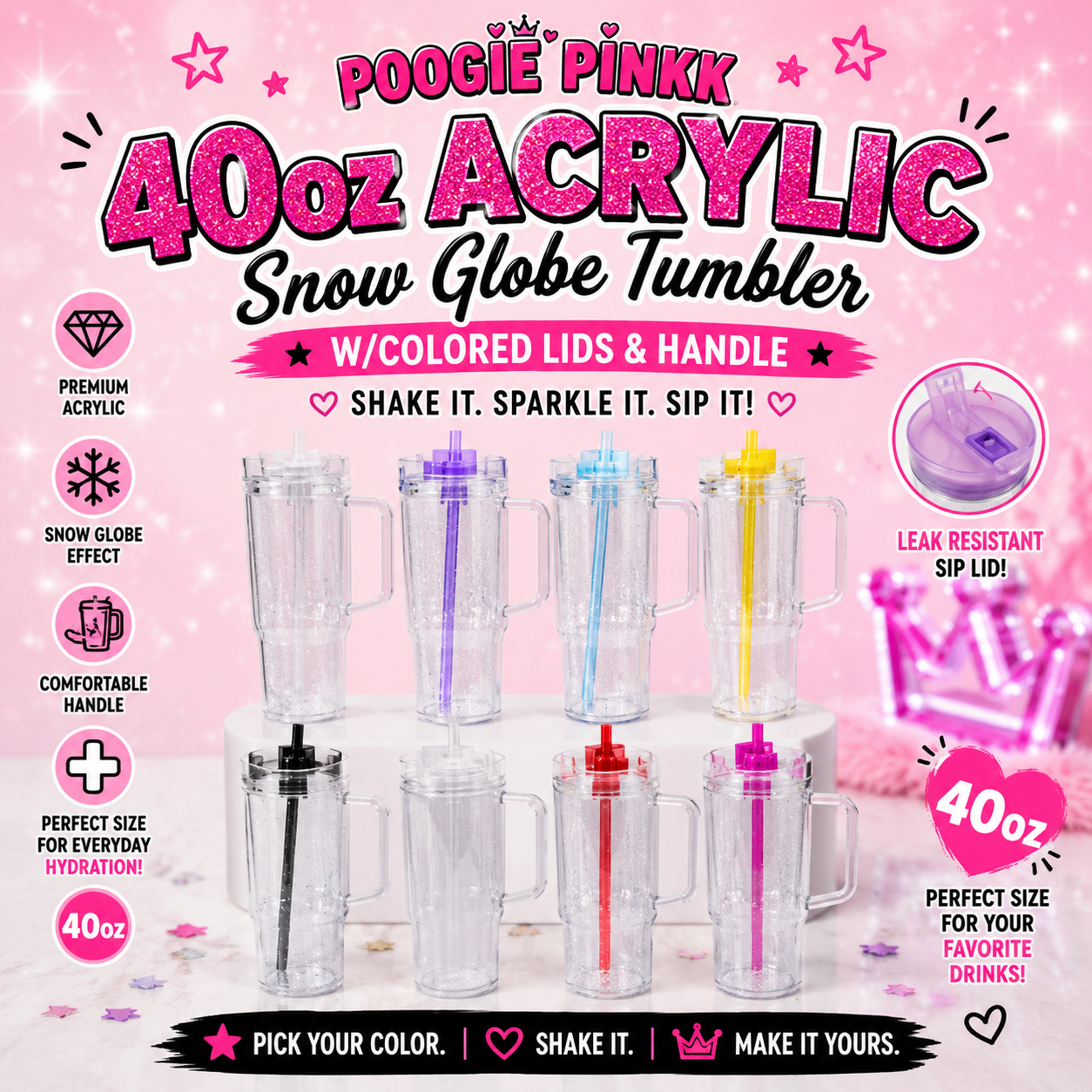 40oz ACRYLIC SNOWGLOBE TUMBLER W/COLORED LIDS & HANDLE