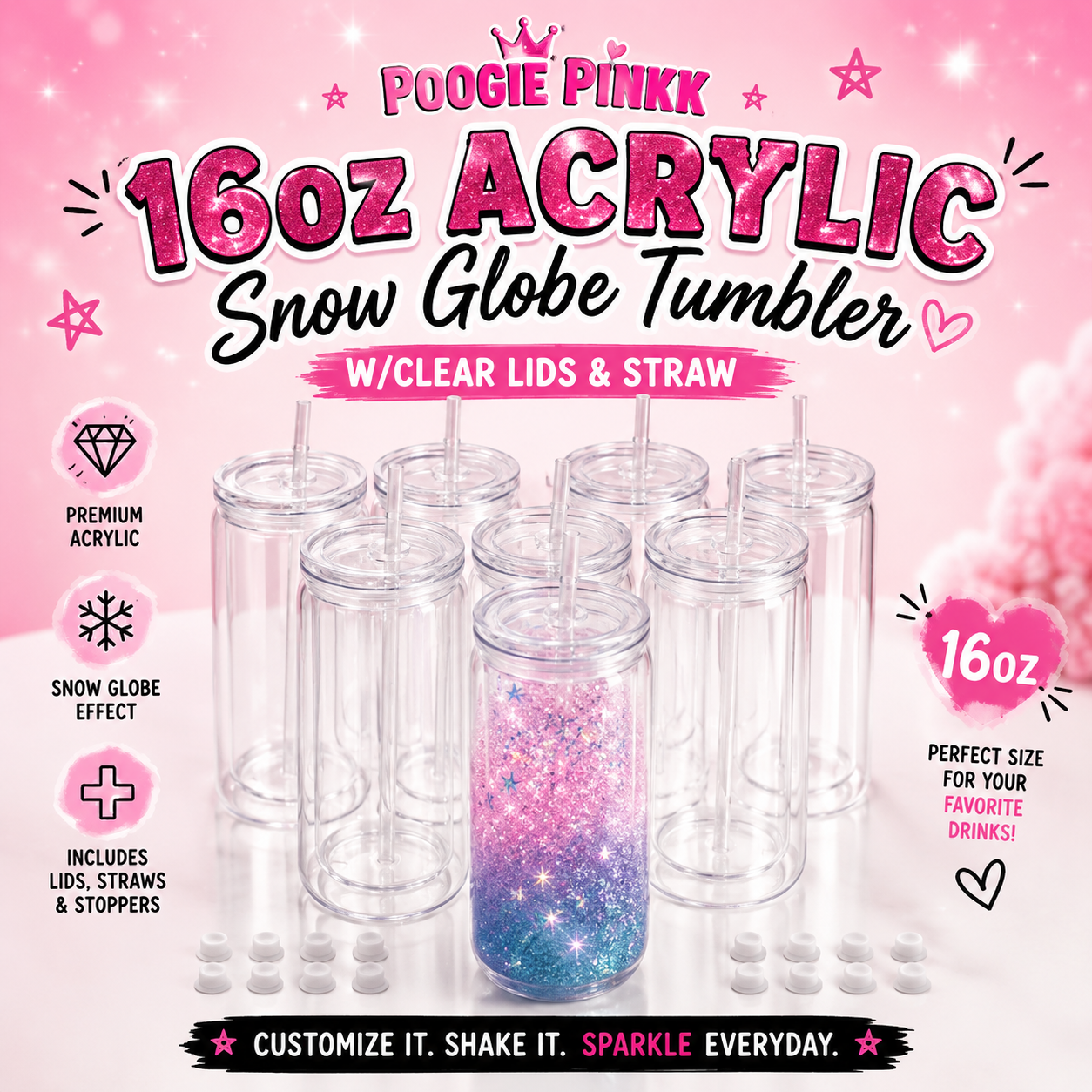 16oz ACRYLIC SNOW GLOBE TUMBLER W/CLEAR LIDS & STRAW