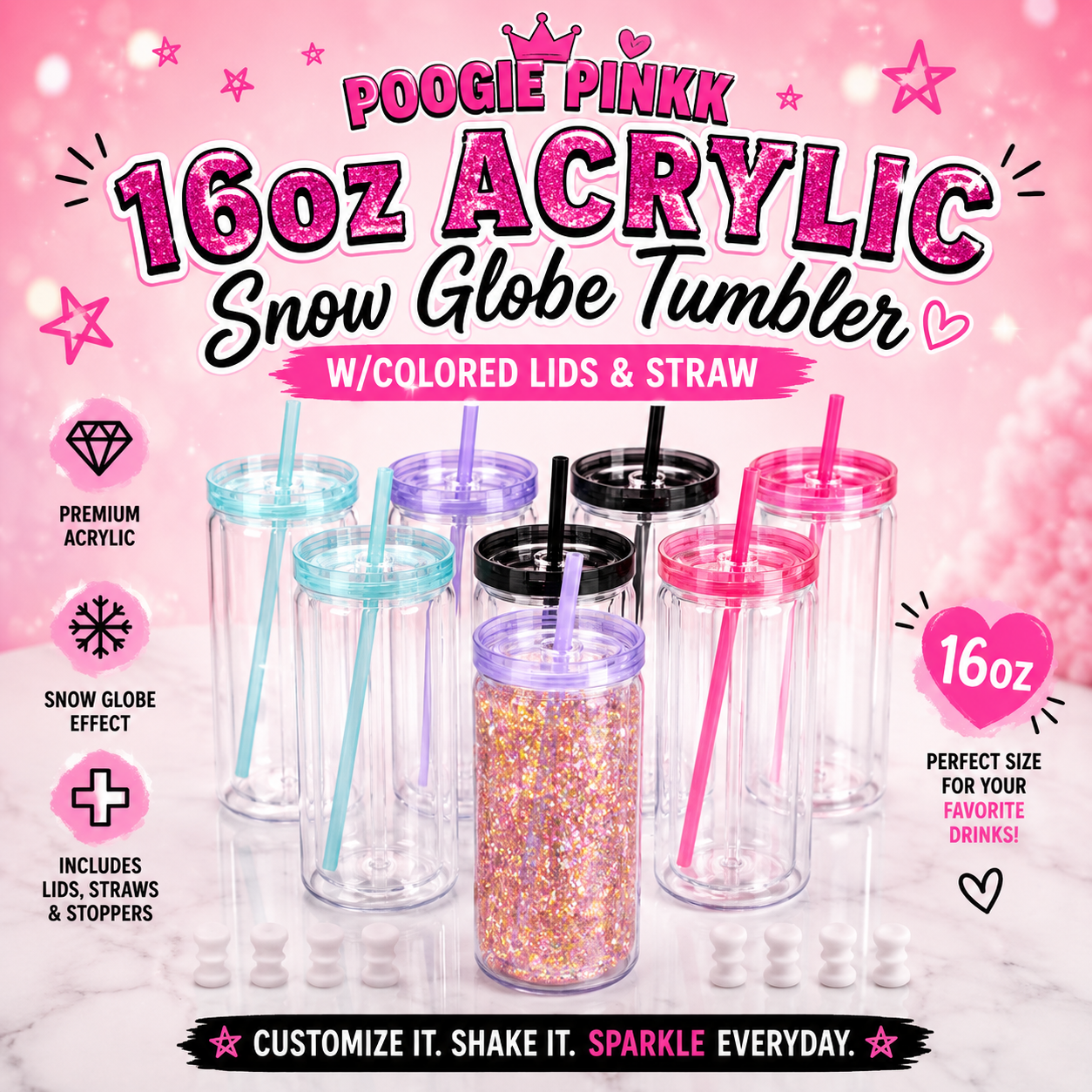 16OZ ACRYLIC SNOW GLOBE TUMBLER W/COLORED LIDS & STRAW