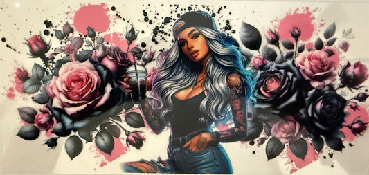 1015 TATTOO GIRL W/PINK & GRAY FLOWERS