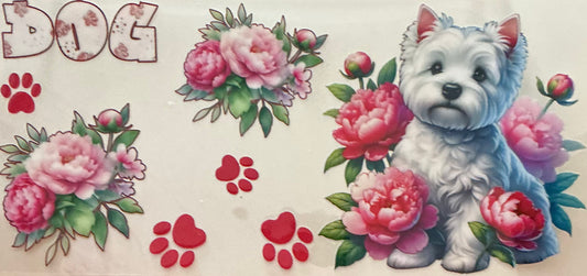 397   DOG TERRIER IN PINK FLOWERS