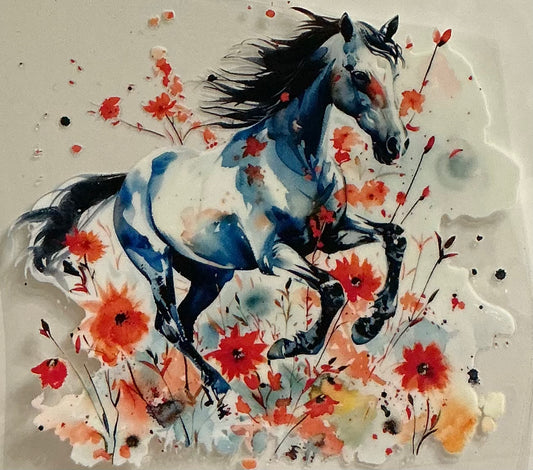 412 BLACK & WHITE HORSE GALLOPING IN PEACH FLOWERS