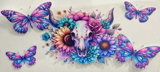 408  BULL SKULL W/PINK, LAVENDER, TURQUOISE FLOWERS & BUTTERFLIES