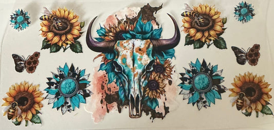 411   BROWN & TURQUOISE BULL SKULL W/TURQUOISE & SUNFLOWERS