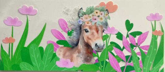 415   BROWN HORSE W PINK & GREEN FLOWERS