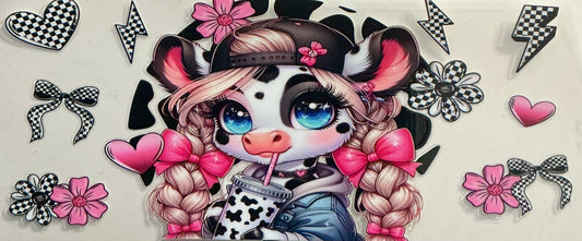 427   BLACK & WHITE COW DRINKING W/CHECKERED HEARTS, FLOWERS, BOWS
