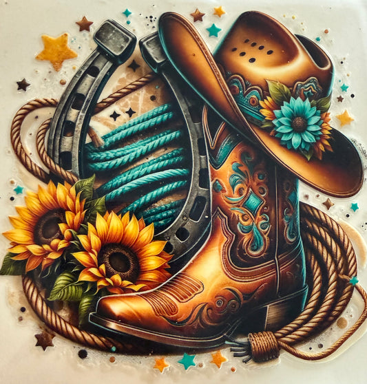 449   Cowboy Boot w/Hat Turquoise & Brown