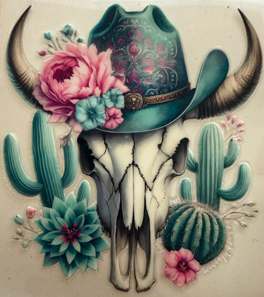 454   Turquoise Bull Skull w/Pink Flower & Cactus