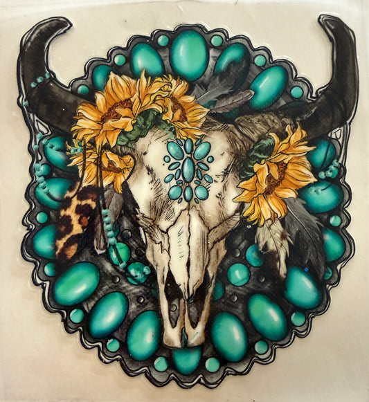 456 White Bull Skull w/Turquoise & Sunflowers