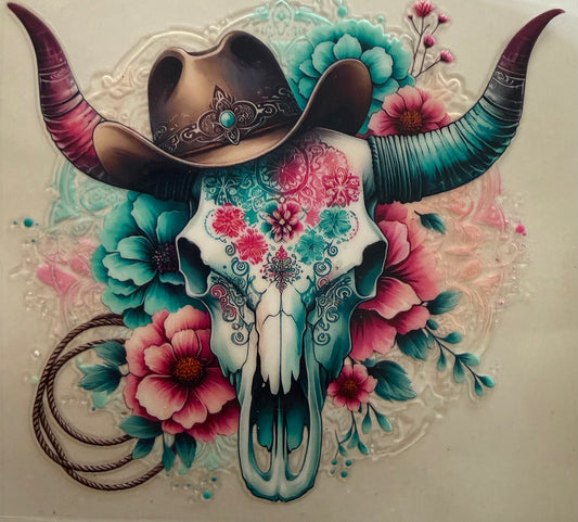 457 Bull Skull w/ Brown Hat Hot Pink & Turquoise Flowers, Rope, Pink Horns