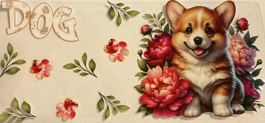811    DOG CORGI   W/RED FLOWERS