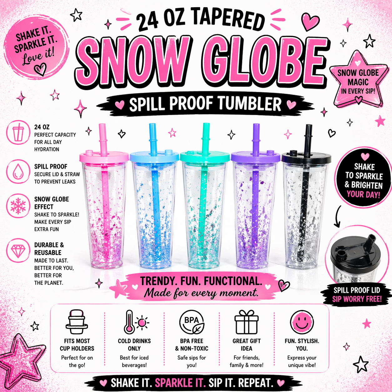24 oz Tapered Spill Proof Snow Globe Tumblers