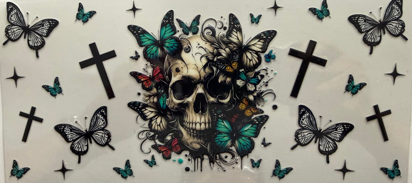 1074 SKULL W/BUTTERFLIES & CROSSES