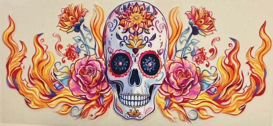 28    WHITE SKULL FACE W/FIRE & ROSES WRAP