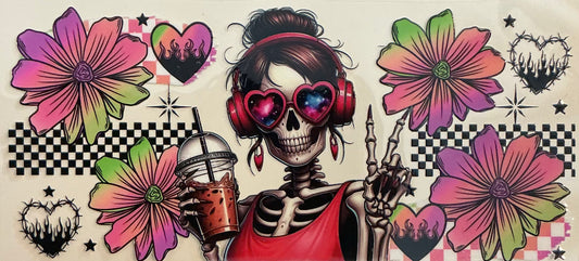 37   Lady Skeleton w/Coffee & Peace Sign, Flowers, Headphones Wrap