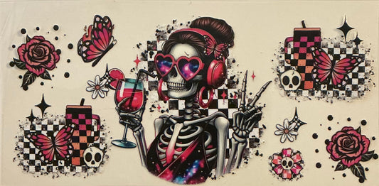 39   Lady Skeleton w/Wine & Peace Sign, Flowers, Headphones, Butterflies Wrap