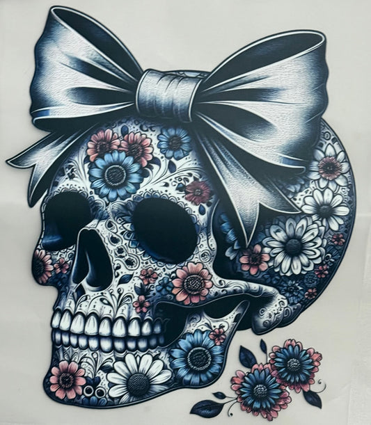 Skull with Bow and Flowers Multi-Color Screen Print Transfer