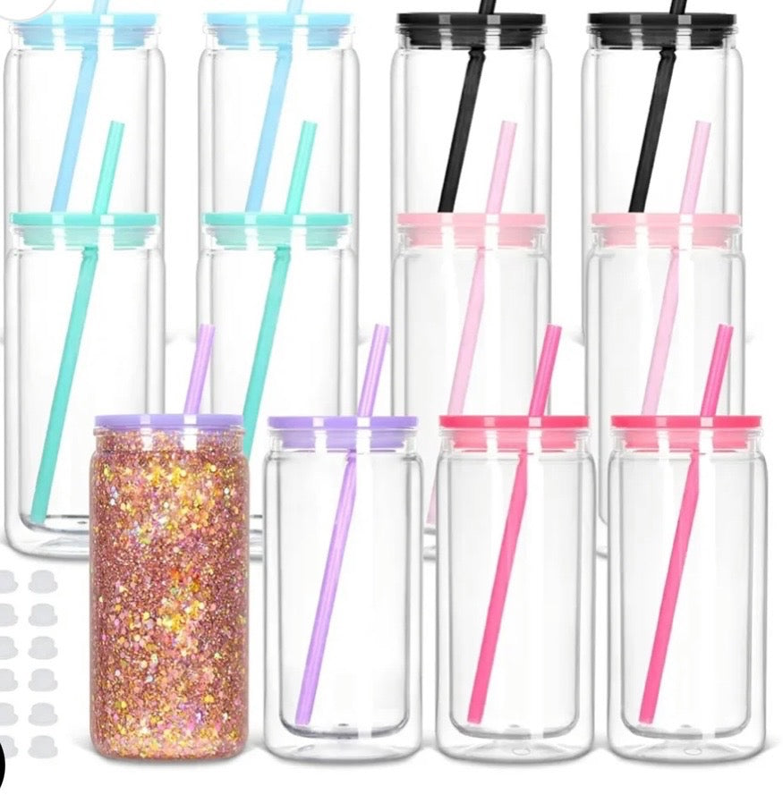 16OZ ACRYLIC SNOW GLOBE TUMBLER W/COLORED LIDS & STRAW